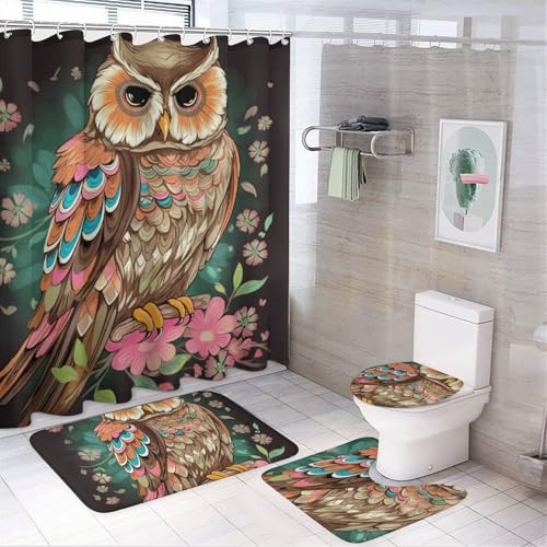 BWQMNT Anime Owl 4-teiliges wasserdichtes und rutschfestes Badezimmer-Set: Duschvorhang-Set mit gemütlichem Korallen-Fleece-Teppich von BWQMNT