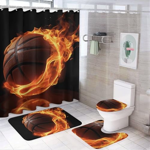 BWQMNT Basketball On Fire 4-teiliges wasserdichtes und rutschfestes Badezimmer-Set: Duschvorhang-Set mit gemütlichem Korallen-Fleece-Teppich von BWQMNT