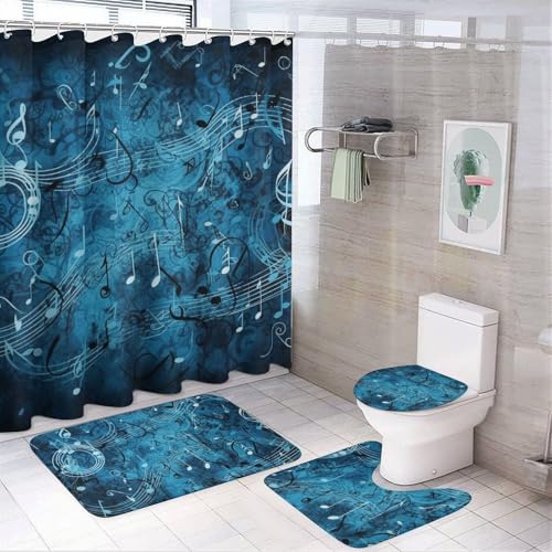 BWQMNT Blaue Musiknoten 4-teiliges wasserdichtes und rutschfestes Badezimmer-Set: Duschvorhang-Set mit gemütlichem Korallen-Fleece-Teppich von BWQMNT