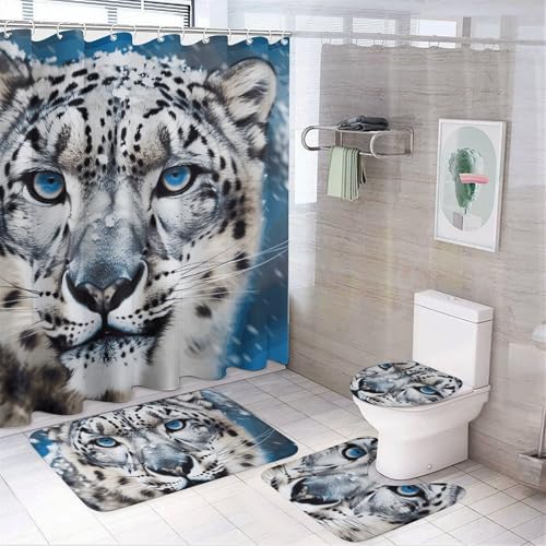 BWQMNT Blue Eyed Snow Leopard 4-teiliges wasserdichtes und rutschfestes Badezimmer-Set: Duschvorhang-Set mit gemütlichem Korallen-Fleece-Teppich von BWQMNT