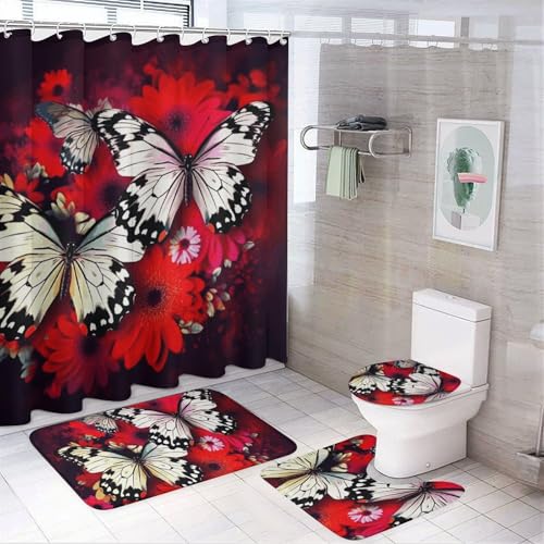BWQMNT Bunte Blumen Schmetterlinge 4-teiliges wasserdichtes und rutschfestes Badezimmer-Set: Duschvorhang-Set mit gemütlichem Korallen-Fleece-Teppich von BWQMNT