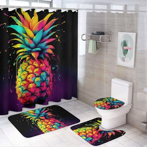 BWQMNT Colorful Pineapple 4-teiliges wasserdichtes und rutschfestes Badezimmer-Set: Duschvorhang-Set mit gemütlichem Korallen-Fleece-Teppich von BWQMNT