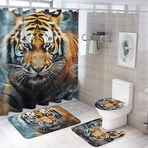 BWQMNT Cool Tiger 4-teiliges wasserdichtes und rutschfestes Badezimmer-Set: Duschvorhang-Set mit gemütlichem Korallen-Fleece-Teppich von BWQMNT