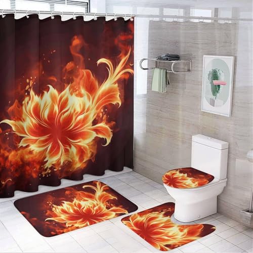 BWQMNT Flammende Feuerblumen 4-teiliges wasserdichtes und rutschfestes Badezimmer-Set: Duschvorhang-Set mit gemütlichem Korallen-Fleece-Teppich von BWQMNT
