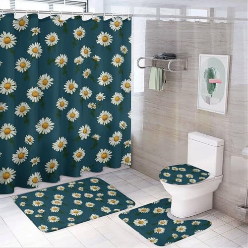 BWQMNT Kleines Gänseblümchen 4-teiliges wasserdichtes und rutschfestes Badezimmer-Set: Duschvorhang-Set mit gemütlichem Korallen-Fleece-Teppich von BWQMNT