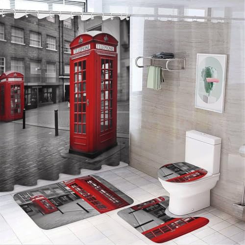 BWQMNT London Red Telefonzelle 4-teiliges wasserdichtes und rutschfestes Badezimmer-Set: Duschvorhang-Set mit gemütlichem Korallen-Fleece-Teppich von BWQMNT