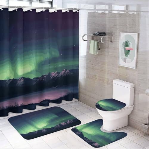 BWQMNT Northern Aurora Night 4-teiliges wasserdichtes und rutschfestes Badezimmer-Set: Duschvorhang-Set mit gemütlichem Korallen-Fleece-Teppich von BWQMNT