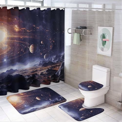 BWQMNT Outer Space Galaxy Universe 4-teiliges wasserdichtes und rutschfestes Badezimmer-Set: Duschvorhang-Set mit gemütlichem Korallen-Fleece-Teppich von BWQMNT