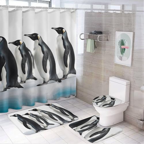 BWQMNT Penguins 4-teiliges wasserdichtes und rutschfestes Badezimmer-Set: Duschvorhang-Set mit gemütlichem Korallen-Fleece-Teppich von BWQMNT