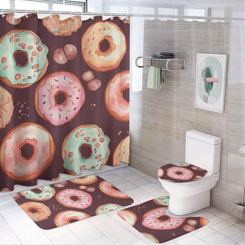 BWQMNT Pretty Donuts 4-teiliges wasserdichtes und rutschfestes Badezimmer-Set: Duschvorhang-Set mit gemütlichem Korallen-Fleece-Teppich von BWQMNT