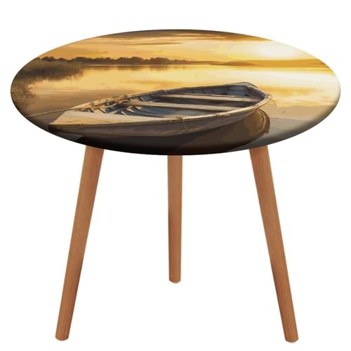 BWQMNT Runde Tischdecke mit elastischem Rand, wasserdichte Tischdecken, Fluss, Sonnenuntergang, Holzboot, waschbare Tischdecken für Picknick im Freien von BWQMNT