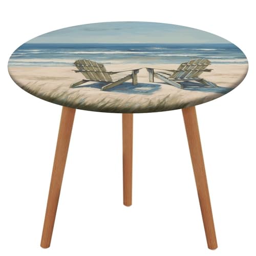 BWQMNT Runde Tischdecke mit elastischem Rand, wasserdichte Tischdecken, Strandszene mit Stühlen, waschbare Tischdecken für Picknick im Freien von BWQMNT