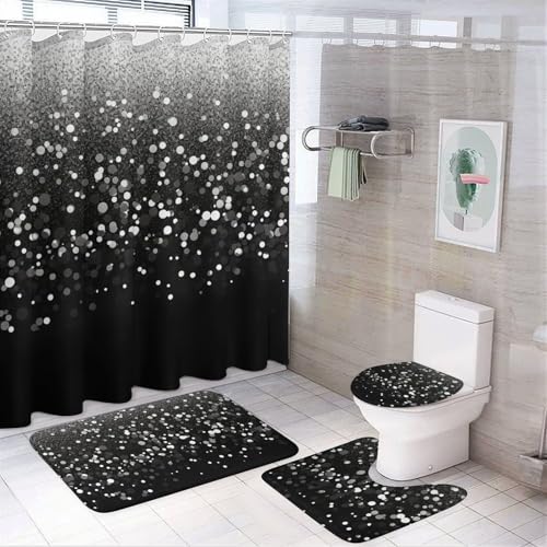 BWQMNT Schwarz-Weiß-Glitzer, 4-teiliges wasserdichtes und rutschfestes Badezimmer-Set: Duschvorhang-Set mit gemütlichem Korallen-Fleece-Teppich von BWQMNT