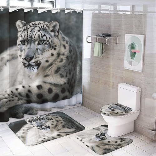 BWQMNT Snow Leopard 4-teiliges wasserdichtes und rutschfestes Badezimmer-Set: Duschvorhang-Set mit gemütlichem Korallen-Fleece-Teppich von BWQMNT