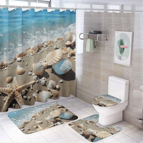 BWQMNT Strandmuscheln Seestern 4-teiliges wasserdichtes und rutschfestes Badezimmer-Set: Duschvorhang-Set mit gemütlichem Korallen-Fleece-Teppich von BWQMNT