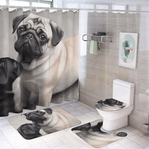 BWQMNT Süßes Mops 4-teiliges wasserdichtes und rutschfestes Badezimmer-Set: Duschvorhang-Set mit gemütlichem Korallen-Fleece-Teppich von BWQMNT