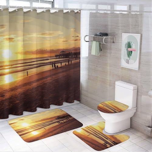 BWQMNT Sunset Beach 4-teiliges wasserdichtes und rutschfestes Badezimmer-Set: Duschvorhang-Set mit gemütlichem Korallen-Fleece-Teppich von BWQMNT