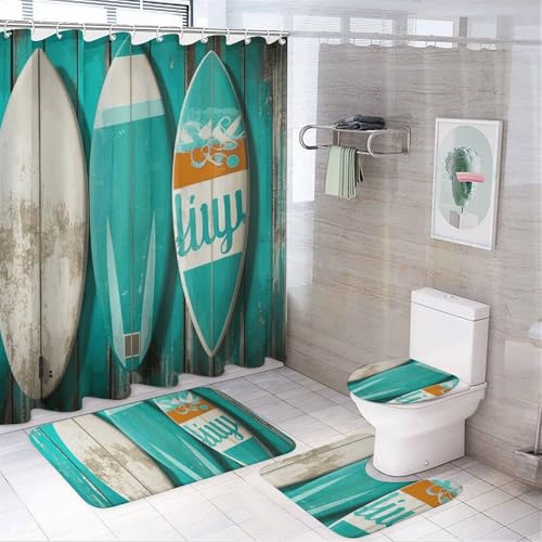 BWQMNT Surfbrett im Vintage-Türkis 4-teiliges wasserdichtes und rutschfestes Badezimmer-Set: Duschvorhang-Set mit gemütlichem Korallen-Fleece-Teppich von BWQMNT