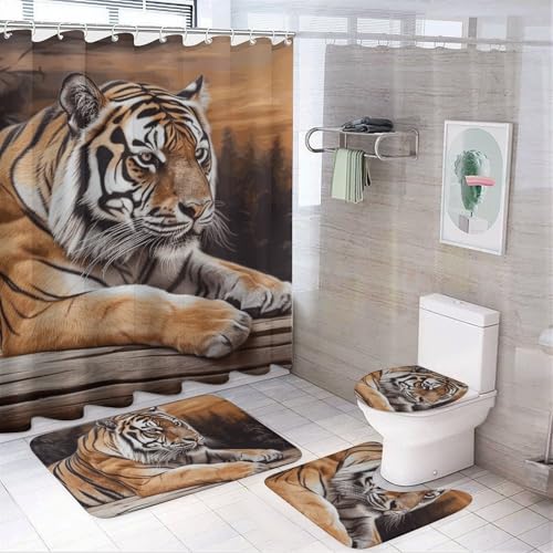 BWQMNT Tiger liegend auf Holz 4-teiliges wasserdichtes und rutschfestes Badezimmer-Set: Duschvorhang-Set mit gemütlichem Korallen-Fleece-Teppich von BWQMNT
