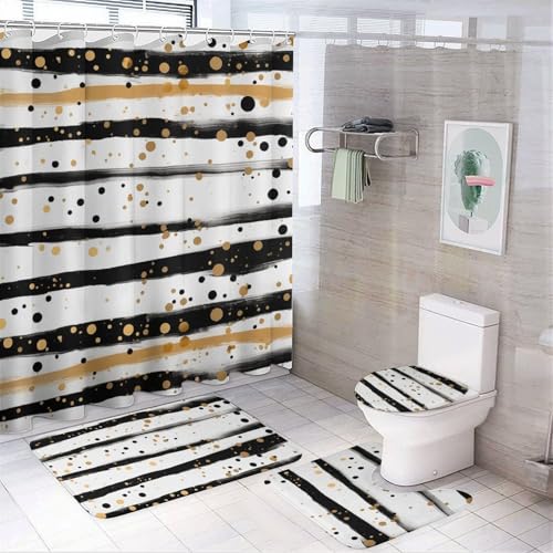 BWQMNT Tusche und Gold Dot Stripes 4-teiliges wasserdichtes und rutschfestes Badezimmer-Set: Duschvorhang-Set mit gemütlichem Korallen-Fleece-Teppich von BWQMNT