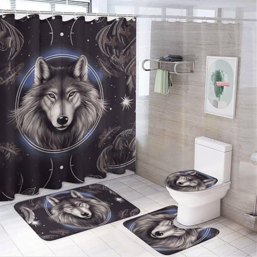 BWQMNT Wölfe und Traumfänger 4-teiliges wasserdichtes und rutschfestes Badezimmer-Set: Duschvorhang-Set mit gemütlichem Korallen-Fleece-Teppich von BWQMNT