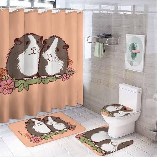 BWQMNT Zwei Meerschweinchen hängen 4-teiliges wasserdichtes und rutschfestes Badezimmer-Set: Duschvorhang-Set mit gemütlichem Korallen-Fleece-Teppich von BWQMNT