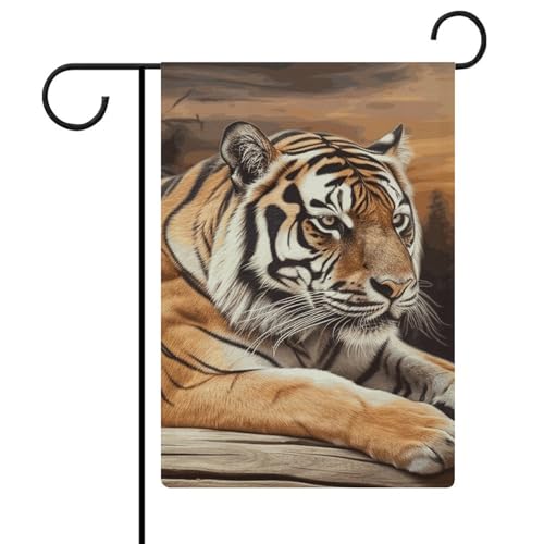 Gartenflagge (47 x 32 cm), Tiger liegend auf Holz, bedruckt, doppelseitig, für den Außenbereich, saisonale Outdoor-Festival-Rasendekoration von BWQMNT