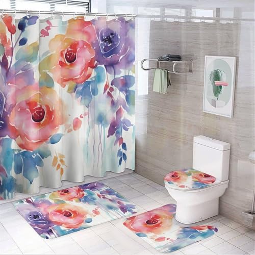 BWQSKL 4-teiliges Duschvorhang-Set mit rutschfestem Teppich, WC-Deckelbezug und Aquarell-Blumen-Badematte, langlebiges Badezimmer-Dekor-Set von BWQSKL