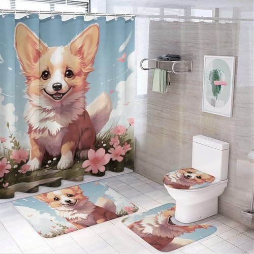 BWQSKL 4-teiliges Duschvorhang-Set mit rutschfestem Teppich, WC-Deckelbezug und Corgi-Hund sitzend auf einem Hügel, Badvorleger, langlebiges Badezimmer-Dekor-Set von BWQSKL