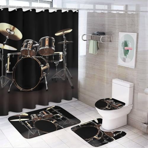 BWQSKL 4-teiliges Duschvorhang-Set mit rutschfestem Teppich, WC-Deckelbezug und coolem Trommel-Set, Badematte, langlebiges Badezimmer-Dekor-Set von BWQSKL