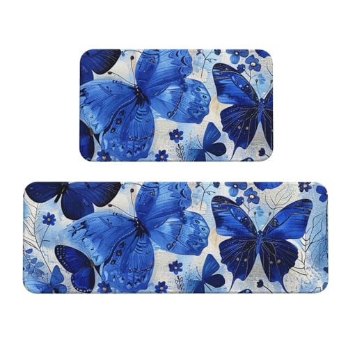 BWWHCCTI Blaue Schmetterlinge bedruckte Küchenmatte 2er-Set – rutschfeste Fußmatten und Teppiche für Zuhause, Küche, Büro von BWWHCCTI