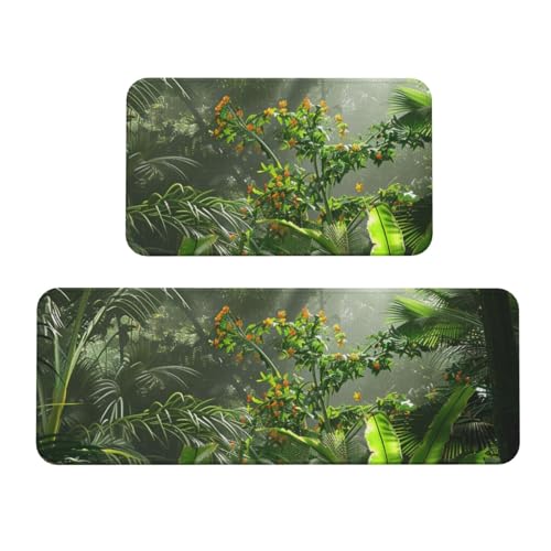 BWWHCCTI Blumen im tropischen Regenwald bedruckte Küchenmatte 2er-Set – rutschfeste Bodenmatten und Teppiche für Zuhause, Küche, Büro von BWWHCCTI