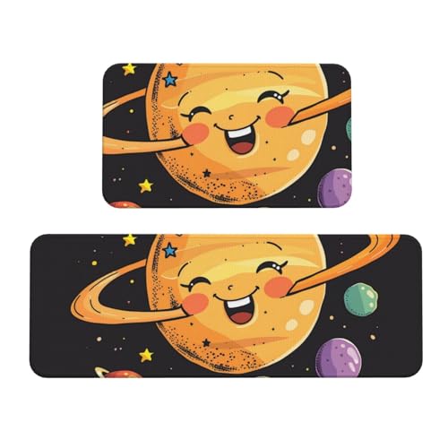 BWWHCCTI Cute Planet Bedruckte Küchenmatte 2er Set - Rutschfeste Fußmatten und Teppiche für Zuhause Küche Büro von BWWHCCTI