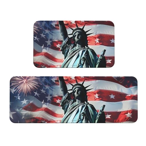 BWWHCCTI Freiheitsstatue Flagge bedruckte Küchenmatte 2er-Set – rutschfeste Fußmatten und Teppiche für Zuhause, Küche, Büro von BWWHCCTI