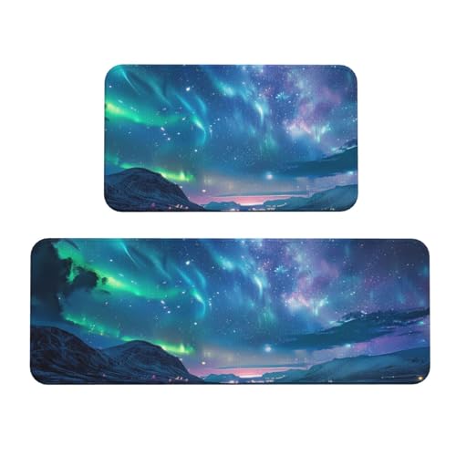 BWWHCCTI Northern Lights Bedruckte Küchenmatte 2er Set - Rutschfeste Fußmatten und Teppiche für Zuhause Küche Büro von BWWHCCTI