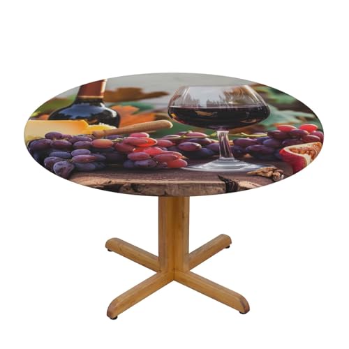 BWWHCCTI Rotwein-Galsses & Trauben mit Holz bedruckte runde Tischdecke wasserdichte Tischdecke elastische dekorative Esstischabdeckung, klein von BWWHCCTI