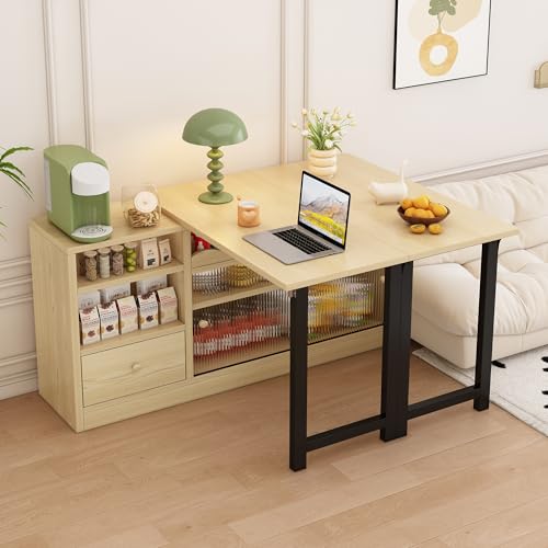 Ausziehbarer Klapp-Esstisch mit Stauraum,Esstisch mit großem Stauraum, 360° drehbar,Natur+Schwarz von BXEYXE