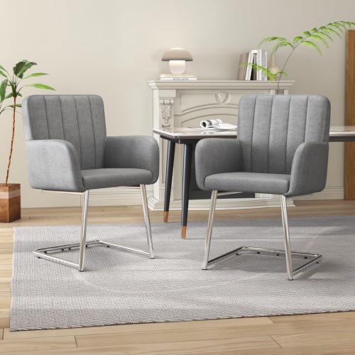 BXEYXE 2er Set Esszimmerstühle mit vertikalen Streifen,Gepolsterter Sessel mit zickzackförmige Metallbeine,Lounge-Stuhl,Wohnzimmerstuhl,für Shlafzimmer,Arbeitzimmer und Schreibtisch,Kunstleder,grau von BXEYXE