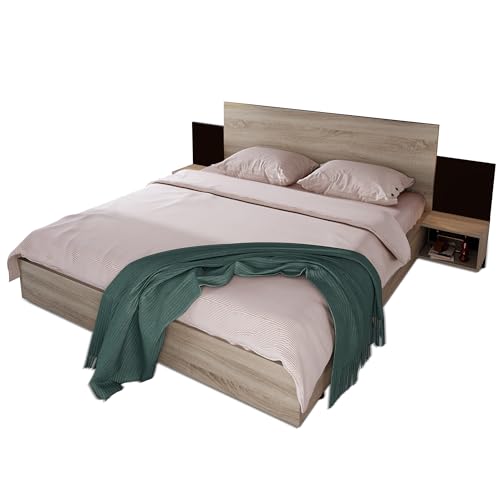 BXEYXE Doppelbett Holzbett Bettanlage 160 x 200 cm mit 2 Nachtkommoden Modernes Bett inkl. 2 Nachttischen Schlafzimmer Komplett-205.5x235x76.5 cm(T/B/H) Set in Eiche Sonoma/Dunkelgrau von BXEYXE