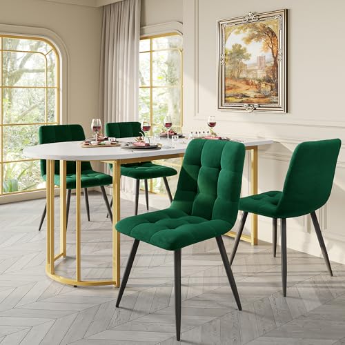 BXEYXE Essgruppe (5-TLG),139x80cm Esstisch mit 4 Stühlen Set, Moderner Marmormuster Küchentisch, Goldfarbener Esstisch mit Eisenbeinen,Dunkelgrüner Esszimmerstuhl mit Eisenbeinen von BXEYXE