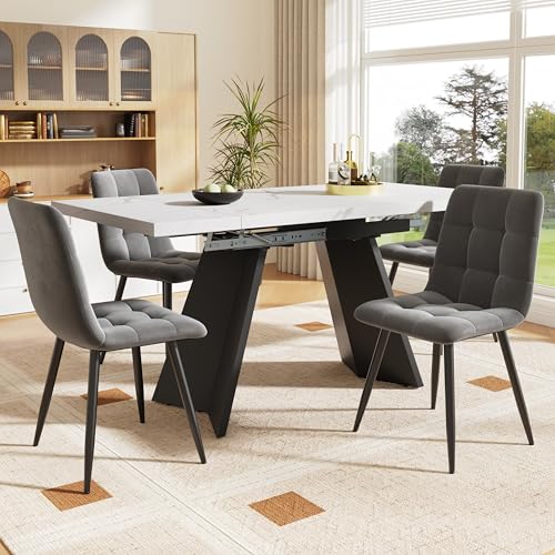 BXEYXE Essgruppe (5-TLG),Esstisch-Set, Ausziehbares Esstischset für 4 Personen,160×80×75cm Esstisch mit 4 Esszimmerstühlen,Grauer Samt-Esszimmerstuhl,Weißer Esstisch mit Flache Tischbeine von BXEYXE