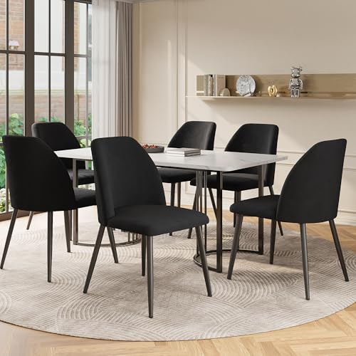 BXEYXE Essgruppe (7-TLG),140x80cm Esstisch mit 6 Stühlen Set, Moderner Küchentisch Set,MDF Tischplatte in Weißer, Esszimmerstühle in modernem Design mit Rückenlehne(Schwarze Esszimmerstühle) von BXEYXE