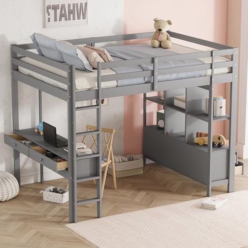 BXEYXE Hochbett, 140 x 200cm Kinderhochbett mit Stauraumschubladen und Unterbettschreibtisch, Ohne Matratze, Grau von BXEYXE