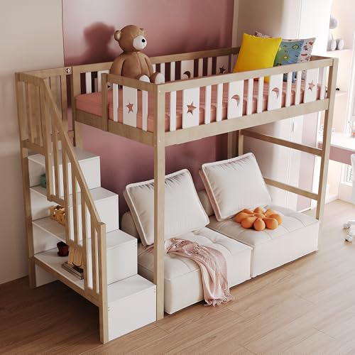 BXEYXE Kinderhochbett 90 * 200 mit Stauraum-Kletterleiter, Massivholz-Einzelbett mit Sicherheitsgeländern, Stern- und Monddekoration.Holzfarbe von BXEYXE