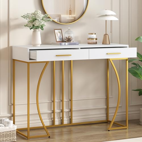 BXEYXE Konsolentisch,Flurtisch mit 2 Schublade,Leichter Luxus-Stil Beistelltisch, Sofatisch,110x32x85 cm,Weiß/Gold BXEYXE Konsolentisch,Flurtisch mit 2 Schublade,Leichter Luxus-Stil Beistelltisch, Sofatisch,110x32x85 cm,Weiß/Gold von BXEYXE