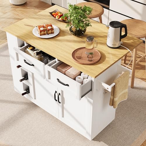 BXEYXE Kücheninsel, Küchenwagen mit Steckdosenleiste ausgestattet, Küchenschrank, Abnehmbare Servierwagen mit Weinregal,buffetschrank, Speisewagen mit Holzmaserung, buffetschrank, weiß von BXEYXE