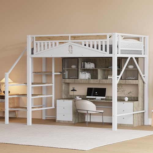 BXEYXE Metall-Hochbett 140 x 200 cm, Einzigartige Gehäuseform mit Fensterdesign, Mit Sicherheitsleiter, Viel Stauraum Unter Dem Bett, Weiß BXEYXE Metall-Hochbett 140 x 200 cm, Einzigartige Gehäuseform mit Fensterdesign, Mit Sicherheitsleiter, Viel Stauraum Unter Dem Bett, Weiß von BXEYXE