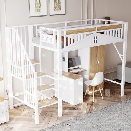 BXEYXE Metall-Hochbett 90 x 200 cm, einzigartige Sicherheitsumrandung mit Fenster, mit Sicherheitsleiter, genügend Platz unter dem Bett für freien Stoffbezug, weiß von BXEYXE