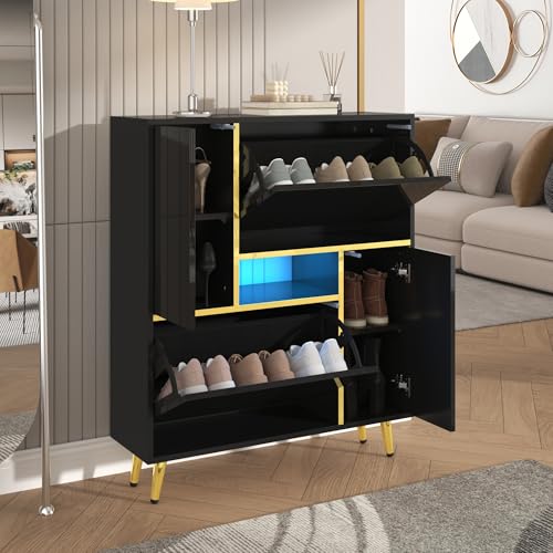 BXEYXE Moderner Schuhschrank, schwarzer Schuhschrank mit Hochglanzfront und 16-farbigem LED-Licht (80 x 25 x 96 cm) von BXEYXE