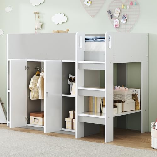 BXEYXE Multifunktionales Hochbett 90 * 200 mit Stauraum, Schrank und Regalen – Kinderbett mit Leiter und Stabiler Konstruktion Grau von BXEYXE